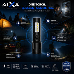 AIXA AD-629 Rechargeable LED Torch | 10W High Brightness Flashlight with 1200mAh 18650 Battery, USB Type-C Fast Charging, Water Resistant for Camping, Hiking & Emergency Use