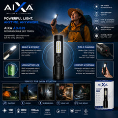 AIXA AD-629 Rechargeable LED Torch | 10W High Brightness Flashlight with 1200mAh 18650 Battery, USB Type-C Fast Charging, Water Resistant for Camping, Hiking & Emergency Use