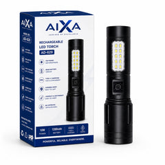 AIXA AD-629 Rechargeable LED Torch | 10W High Brightness Flashlight with 1200mAh 18650 Battery, USB Type-C Fast Charging, Water Resistant for Camping, Hiking & Emergency Use